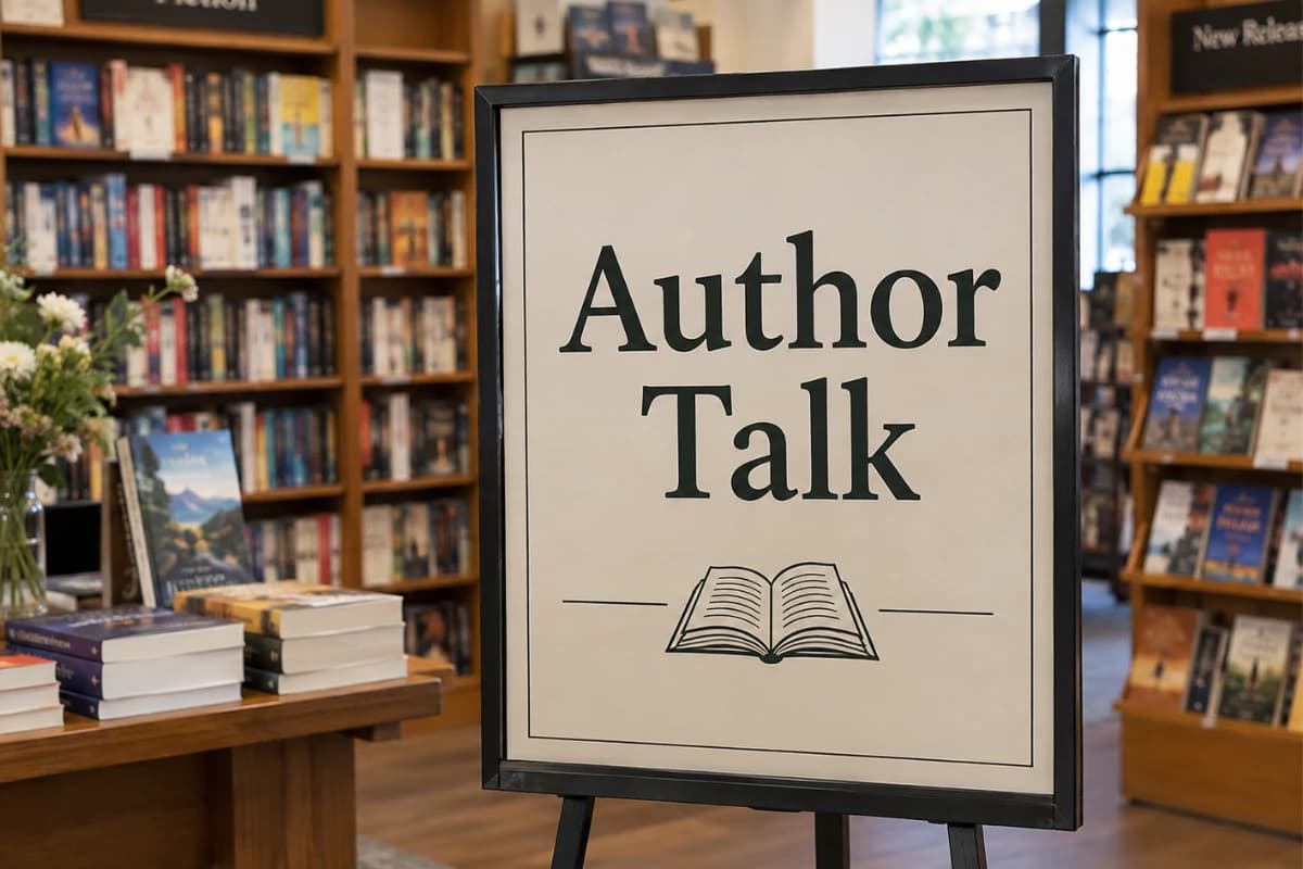 An "Author Talk" sign displayed among bookshelves